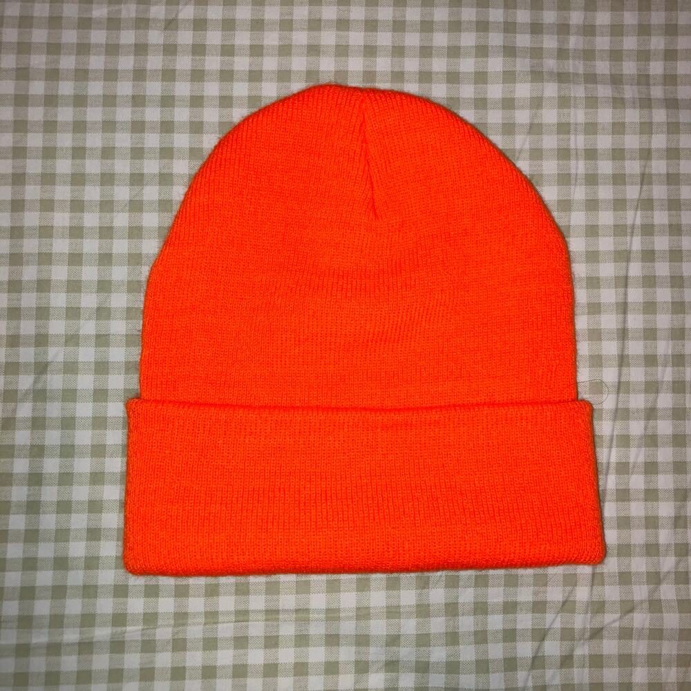 Bright orange beanie, ski knit hat, hunting cap